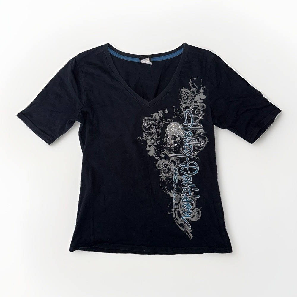 Harley-Davidson Skull Rhinestone V Neck Tee Womens L Black Apache Junction AZ